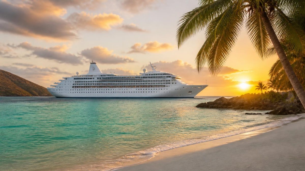 Cruise ship off a palm-lined beach at sunset
