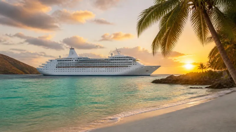 Cruise ship off a palm-lined beach at sunset